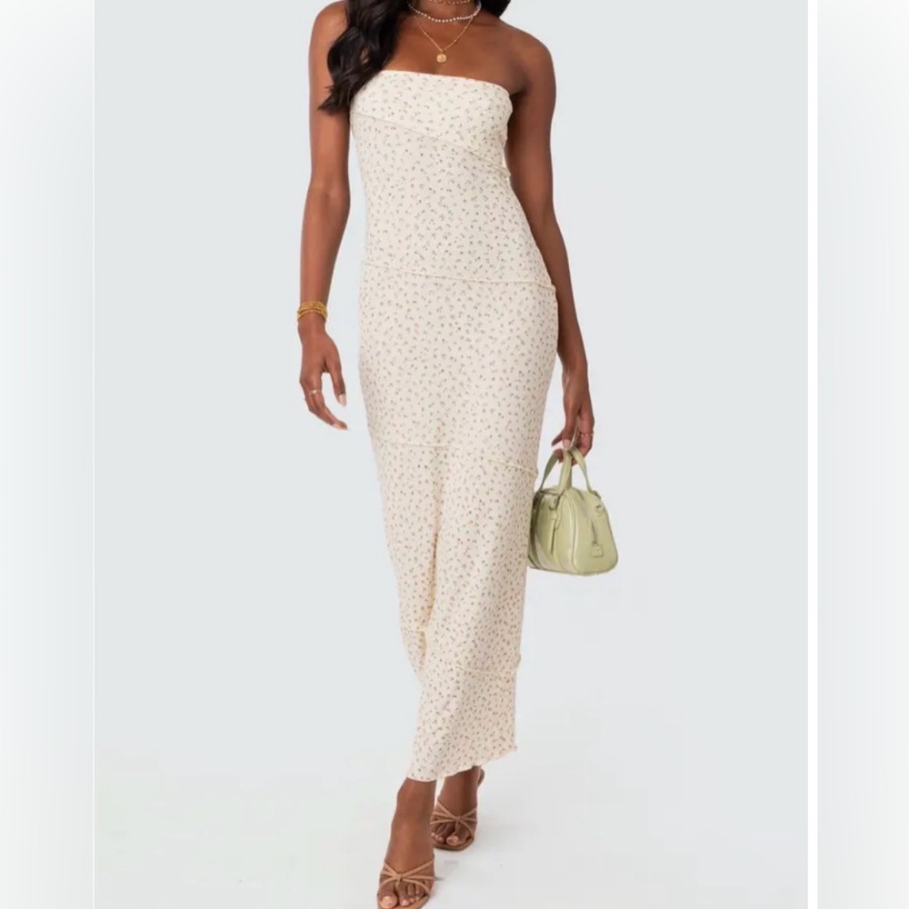 EDIKTED Lynn Rib Strapless Maxi Dress Cream Tiny Floral Size Medium